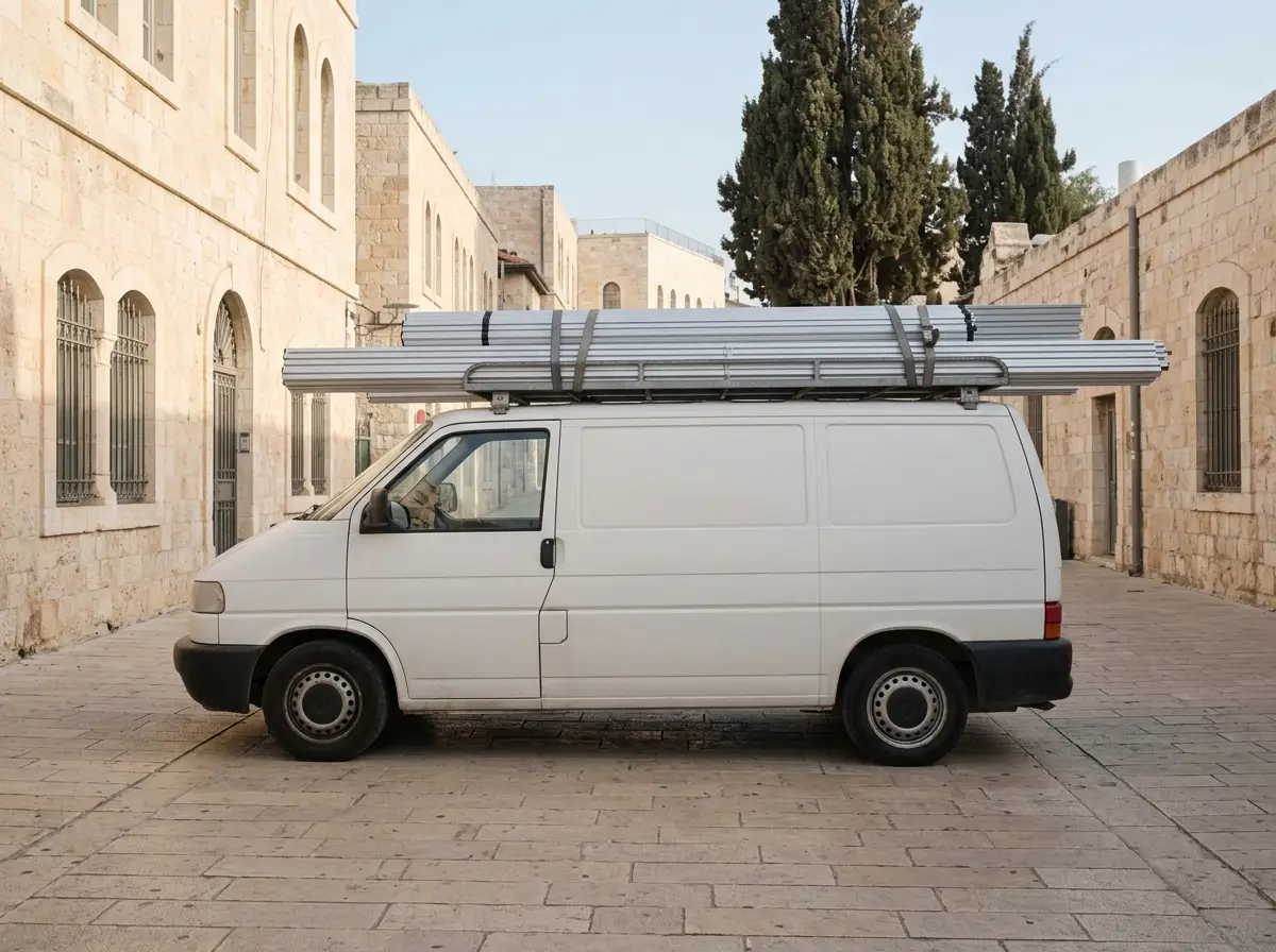 רכב משלוחים לבן עם פרופילי אלומיניום על הגג ברחוב ירושלמי