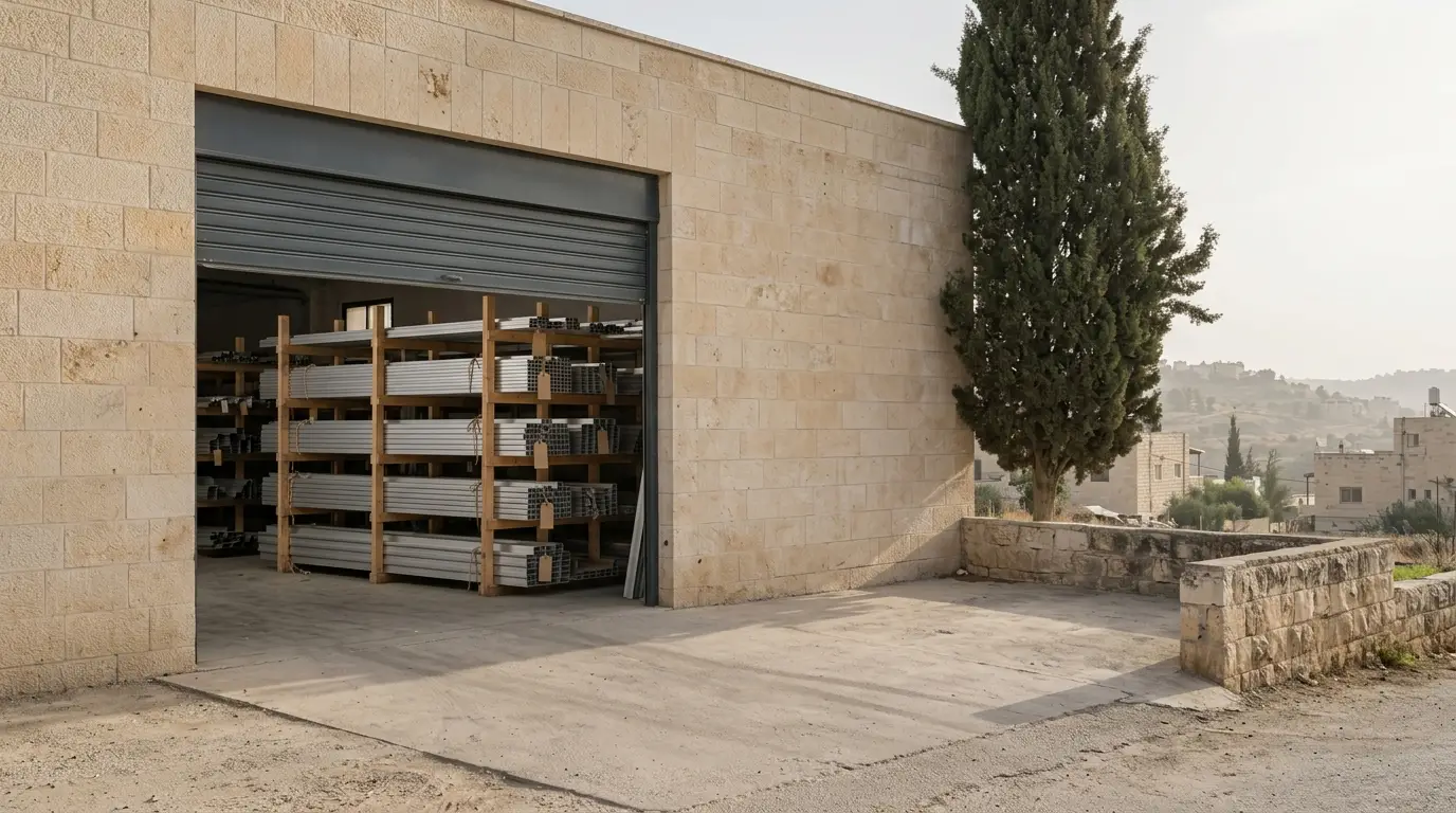 חזית המחסן באזור תעשייה בירושלים, חיפוי אבן ודלת גלילה פתוחה