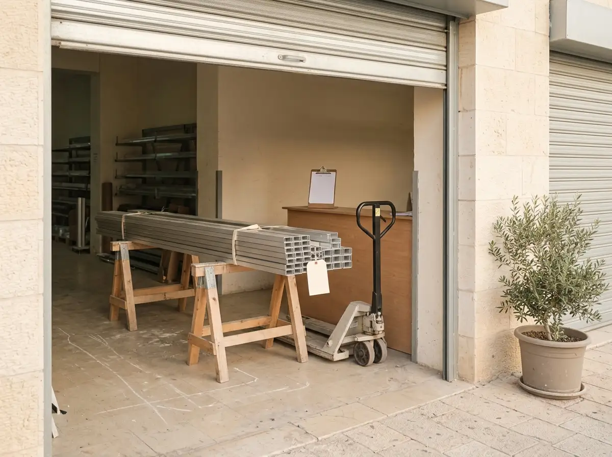 רציף העמסה של המחסן: הזמנה ארוזה על חמור עץ ליד דלת גלילה בקיר אבן